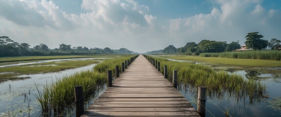 Wall Mural - Serene Wetland Pathway with Lush Greenery and Open Sky Ideal for Text Overlay