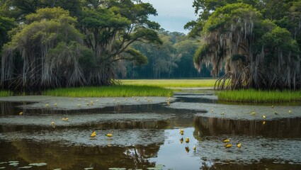 Canvas Print - Tidal Marsh Ecosystem in a Lush Wetland with Dense Vegetation and Reflections of Nature in Natural Park Environment