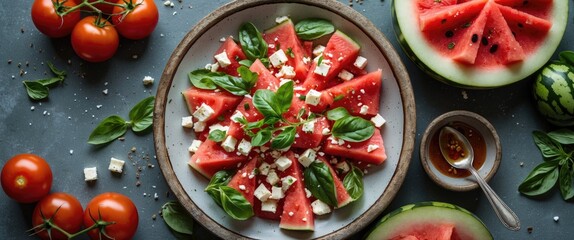 Wall Mural - Fresh Watermelon Tomato Salad with Feta Cheese and Basil Garnish on Rustic Plate with Copy Space for Text Overlay