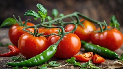 Poster - Fresh Red Tomatoes and Green Chilies Displayed on Wooden Surface with Garnishing Elements for Culinary Marketing and Recipe Promotion