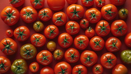 Poster - Tomatoes Laying on Red Surface Fresh Produce Background with Empty Space for Text or Branding