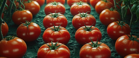 Poster - Mature French Tomatoes Freshly Harvested in a Garden Setting with Lush Greenery and Rich Soil Background