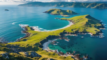 Poster - aerial view of lush green islands surrounded by crystal clear water in a serene seascape landscape