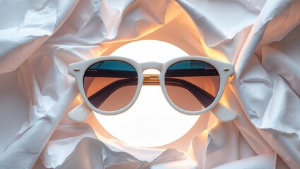 Poster - stylish white sunglasses surrounded by crumpled paper creating a unique contrast with soft lighting 