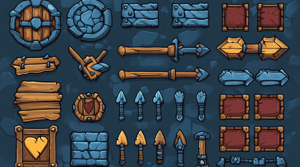 Poster - Stone rock ui game interface button cartoon vector. Circle, arrow, loading bar, plate and progress slider isolated icon for user menu medieval design. Plaque texture and panel info antique 2d kit