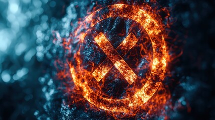 Poster - Fiery Cross Symbol on a Dark Abstract Background with Sparks and Glows Creating an Intense Visual Effect