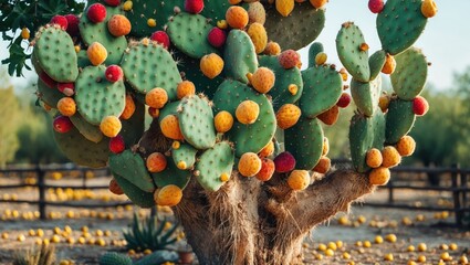 Poster - Mature tree cactus adorned with vibrant fruits in a farm setting featuring natural landscapes and empty space for text.