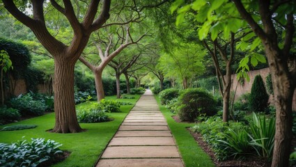 Wall Mural - Lush Garden Pathway Surrounded by Trees and Greenery in a Tranquil Natural Setting