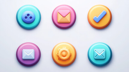Poster - Web circle buttons with symbols of home, search, play, mail, arrows, sound, check and cross mark. Vector cartoon set of game ui elements, color glossy icons isolated on background