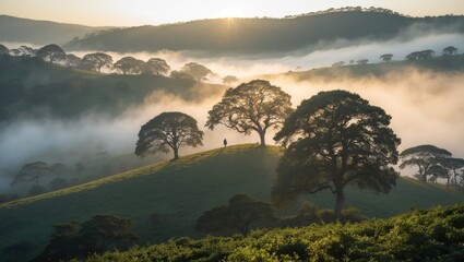 Wall Mural - Majestic hills under morning sunlight with silhouetted trees and mist creating a serene atmospheric landscape scene.