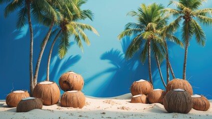 Poster - trendy summer scene featuring coconut trees and beach sand against a blue background ideal for minim