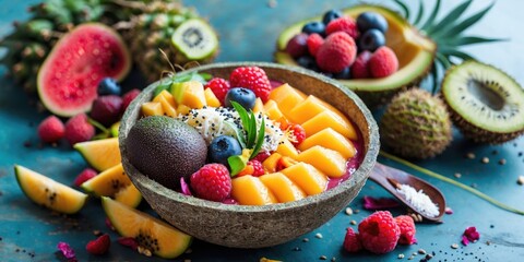 Wall Mural - Vibrant Tropical Acai Bowl with Fresh Fruits and Coconut Garnish on Rustic Background