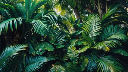 Poster - Lush Tropical Foliage Background with Green Palm Leaves and Dense Trees in Natural Setting