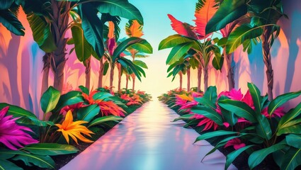 Wall Mural - Vibrant Tropical Garden Pathway Surrounded By Lush Foliage And Colorful Flowers Under A Serene Sky Perfect For Nature Inspired Designs