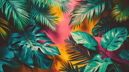 Wall Mural - Colorful Tropical Leaves Against Vibrant Background With Blank Space for Creativity and Text Addition