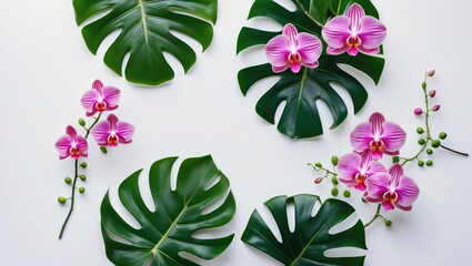 Poster - Tropical Monstera Leaves and Pink Orchid Flowers Arrangement on White Background Top View Flat Lay Floral Decor and Design Elements