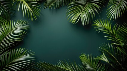 Wall Mural - Lush Tropical Palm Leaves Framing Dark Green Background Ideal for Nature Themes and Text Overlay in Advertisements or Designs