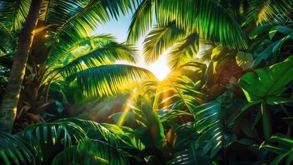 Wall Mural - Tropical Jungle Foliage with Sunlight Filtering Through Lush Palm Leaves Creating a Serene Nature Scene in a Vibrant Green Environment