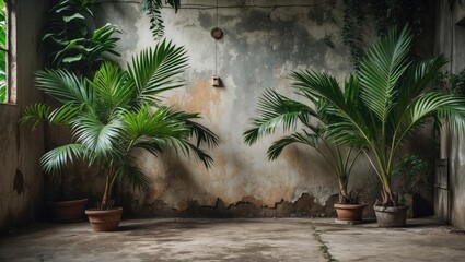 Wall Mural - Tropical Palm Plants Against Rustic Wall Creating Serene Indoor Jungle Ambiance in Empty Space. Ideal for Interior Design and Nature Themes.