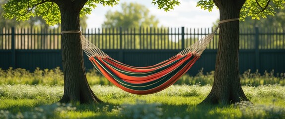 Poster - vibrant striped hammock suspended between two trees in a sunlit garden with a lush meadow and fence 