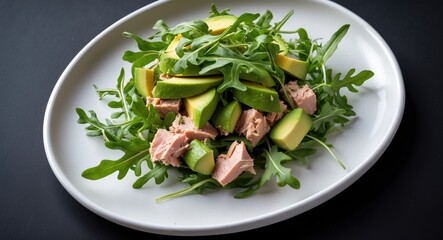 Wall Mural - Tuna Salad with Avocado and Arugula on White Plate with Dark Background and Empty Space for Text or Design Elements