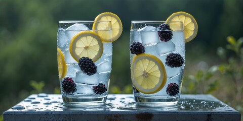 Poster - Refreshing cold lemonade in two clear glasses garnished with lemon slices and blackberries, served in a natural outdoor setting.