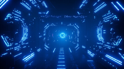 Poster - Futuristic blue frames with neon glowing tech elements on black backdrop. Various geometric shapes - circular, rectangular, hexagonal game borders. Realistic sci fi hud interface design overlay.