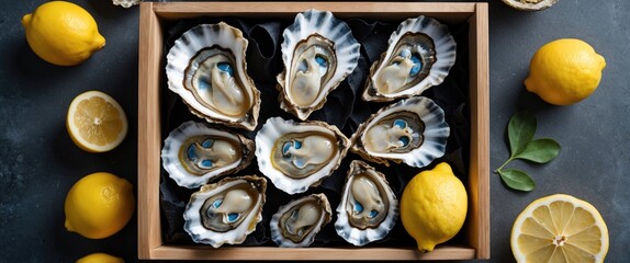 Wall Mural - Assortment of Fresh Oysters with Lemons in Wooden Box Top View with Copy Space for Text Culinary and Seafood Presentation