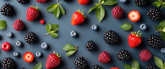 Poster - Fresh Berries Arrangement Isolated on Dark Background with Green Leaves and Blank Space for Text or Design Enhancement