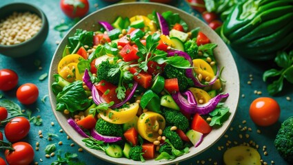 Canvas Print - Colorful Fresh Veggie Salad with Cherry Tomatoes and Pine Nuts on Rustic Background