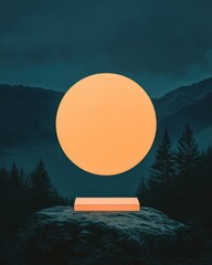 Poster - illuminated minimalist circle sculpture in mountainous landscape artistic tranquil environment