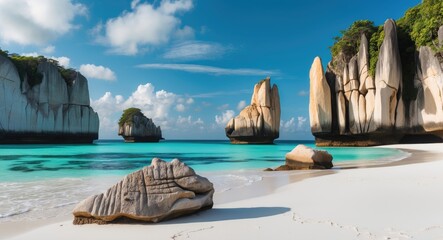 Poster - Stunning coastal scene of white sand beach with unique rock formations and vibrant turquoise water during low tide under a clear blue sky.