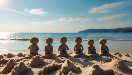 Poster - beach scene with sand figures and scenic ocean view under bright summer sky ideal for text overlay a