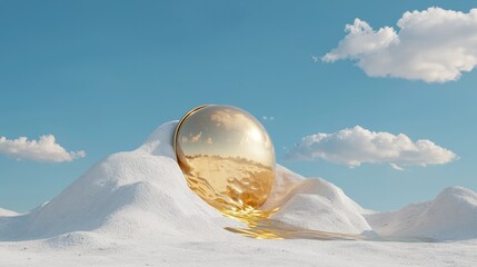 Poster - Golden sphere reflecting in sandy dunes desert landscape digital artwork bright day surreal concept