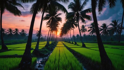 Poster - Sunset over lush rice fields with silhouetted palm trees creating a serene tropical landscape at twilight in a picturesque viewpoint.