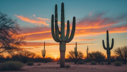 Poster - Vibrant Sunset Over Saguaro Cacti in Desert Landscape with Colorful Sky and Trees Creating Peaceful Atmosphere for Empty Text Space