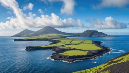 Poster - Scenic Volcanic Coastline with Lush Green Islands Under Blue Sky and Clouds Capturing Natural Beauty and Tranquility