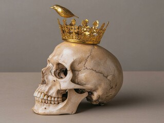 Poster - Skull with golden crown and bird artistic display studio setting still life surreal concept
