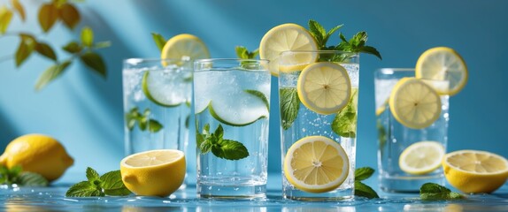 Poster - Refreshing Lemon Mint Water in Glasses with Fresh Ingredients and Vibrant Background Ideal for Summer Drink Promotions