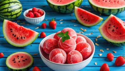 Poster - Frozen Watermelon Sorbet in Bowl Surrounded by Fresh Watermelon and Berries on Blue Wooden Table Summertime Refreshing Dessert Concept