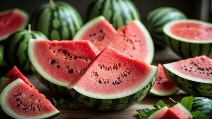 Poster - Freshly sliced watermelon showcasing vibrant red flesh and green rind, surrounded by whole fruits in a rustic setting.