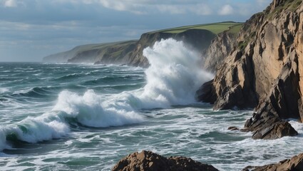 Canvas Print - Dynamic Ocean Waves Crashing Against Rugged Rocky Coastline Under Dramatic Sky