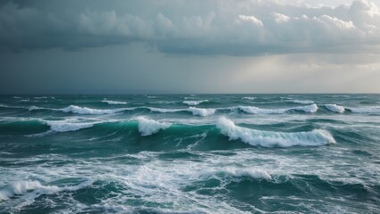 Canvas Print - Stormy Waves Crashing On The Mediterranean Sea With Dark Clouds And Copy Space For Text