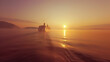 © tiagozr - Cruise ship sailing at sunset in calm ocean waters.