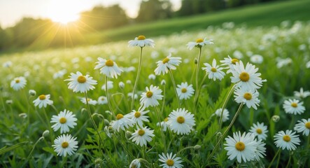 Poster - Sunlit Chamomile Flowers Blooming in Lush Green Field During Golden Hour