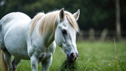 Canvas Print - Serene White Pony Grazing in Lush Green Grass Under Soft Natural Light in Countryside Setting