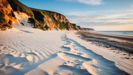 Poster - Tranquil Coastal Landscape with White Sand Dunes and Cliffs Under a Golden Sunset on a Serene Beach