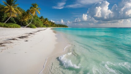 Canvas Print - Tranquil White Sand Beach with Crystal Clear Turquoise Waters and Lush Tropical Palm Trees Under a Bright Blue Sky