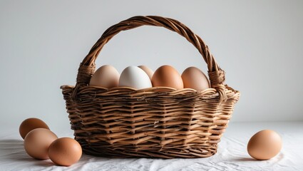 Canvas Print - Wicker Basket Filled With Fresh Eggs on a Soft White Background for Farm or Kitchen Decor Themes