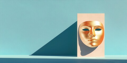 Poster - Artistic golden mask display studio space digital art minimalist environment frontal view conceptual representation